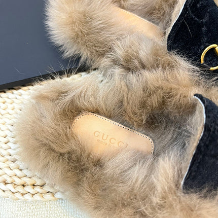 HORSEBIT MULE IN BLACK MONOGRAM VELVET AND LAMB WOOL LINING