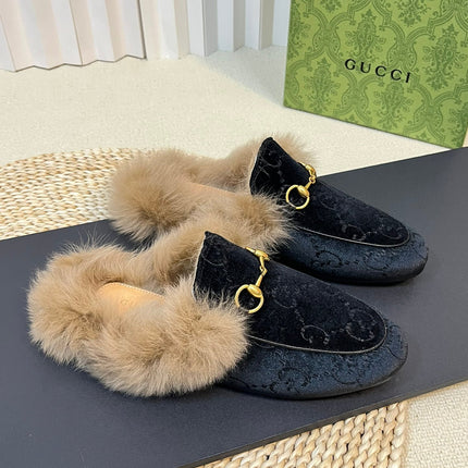 HORSEBIT MULE IN BLACK MONOGRAM VELVET AND LAMB WOOL LINING