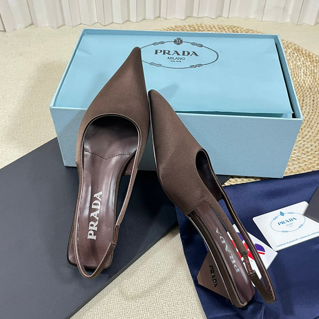 PRA POINTED TOE SLINGBACK PUMPS CHOCOLATE SATIN