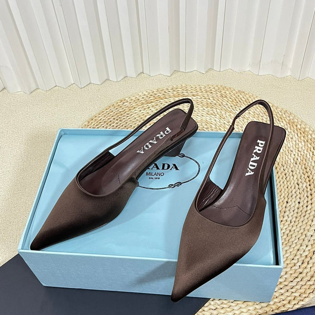 PRA POINTED TOE SLINGBACK PUMPS CHOCOLATE SATIN