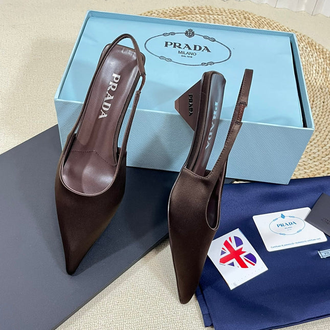 PRA POINTED TOE SLINGBACK PUMPS CHOCOLATE SATIN