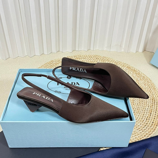 PRA POINTED TOE SLINGBACK PUMPS CHOCOLATE SATIN