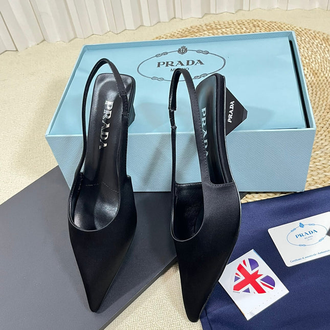 PRA POINTED TOE SLINGBACK PUMPS BLACK SATIN