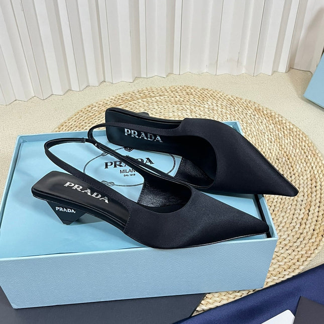PRA POINTED TOE SLINGBACK PUMPS BLACK SATIN