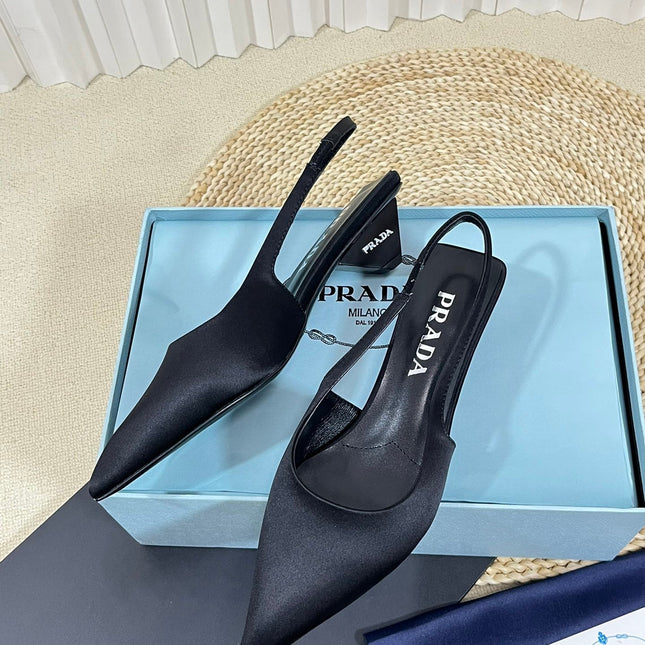PRA POINTED TOE SLINGBACK PUMPS BLACK SATIN