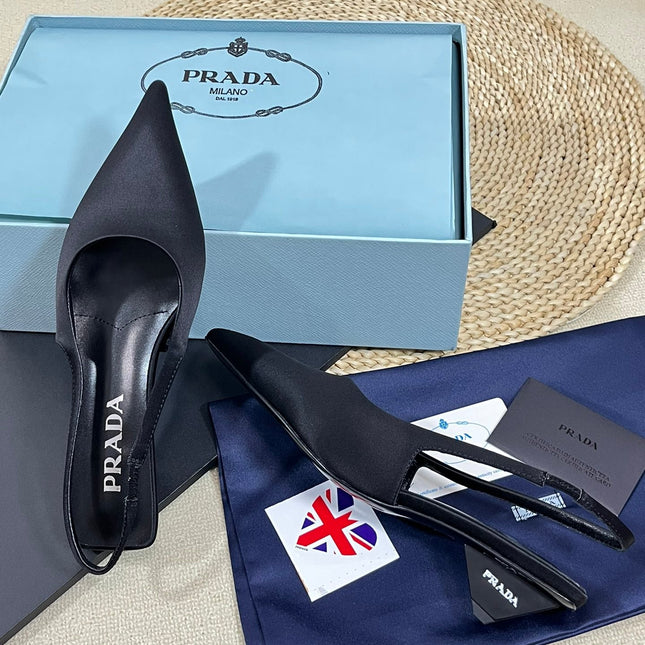 PRA POINTED TOE SLINGBACK PUMPS BLACK SATIN