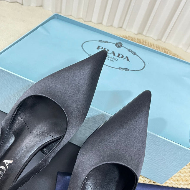 PRA POINTED TOE SLINGBACK PUMPS BLACK SATIN