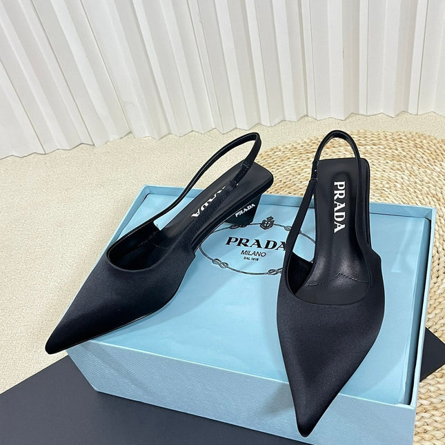 PRA POINTED TOE SLINGBACK PUMPS BLACK SATIN