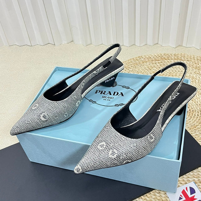 PRA POINTED TOE SLINGBACK PUMPS SNAKESKIN MOTIF SATIN