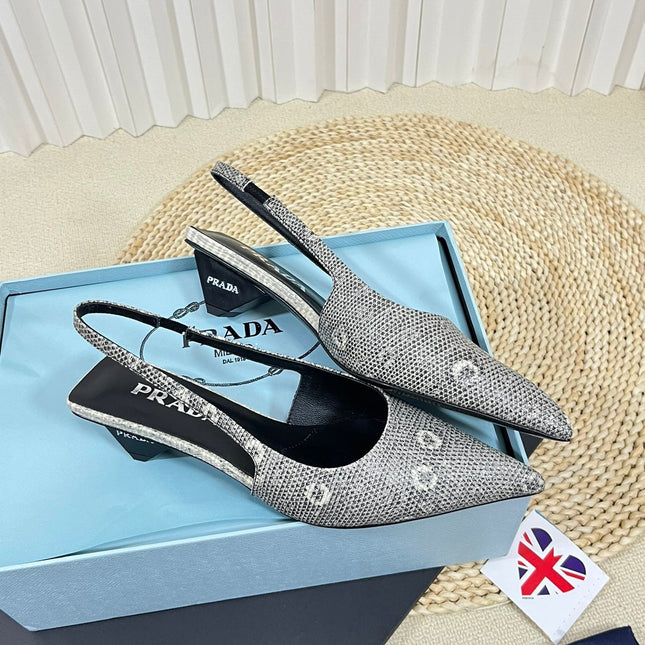 PRA POINTED TOE SLINGBACK PUMPS SNAKESKIN MOTIF SATIN