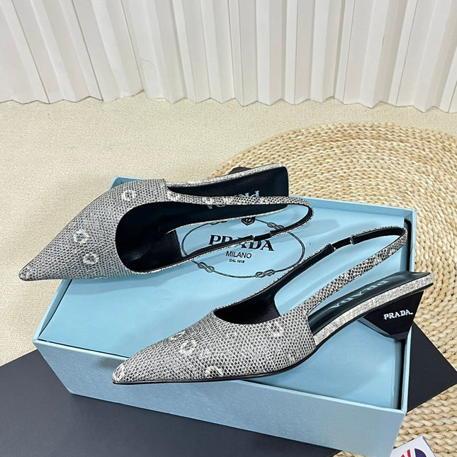 PRA POINTED TOE SLINGBACK PUMPS SNAKESKIN MOTIF SATIN