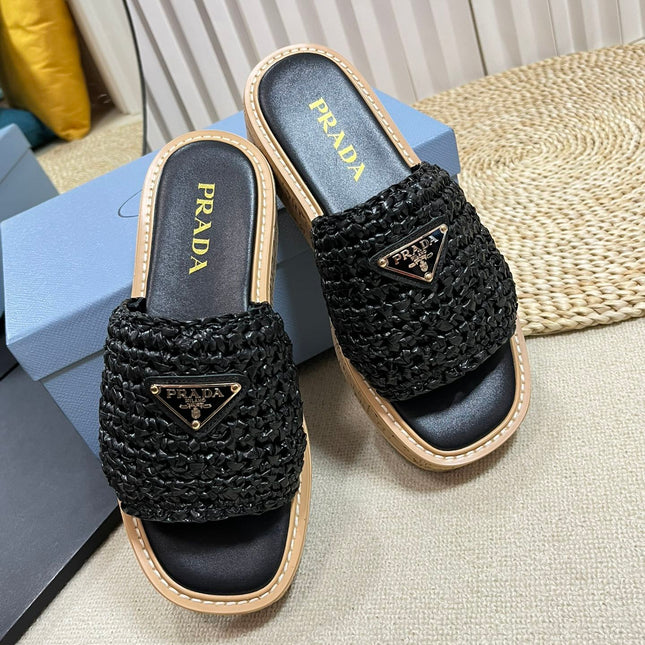 Crochet Flatform Slides 40 Lightweight Cork Sole Black