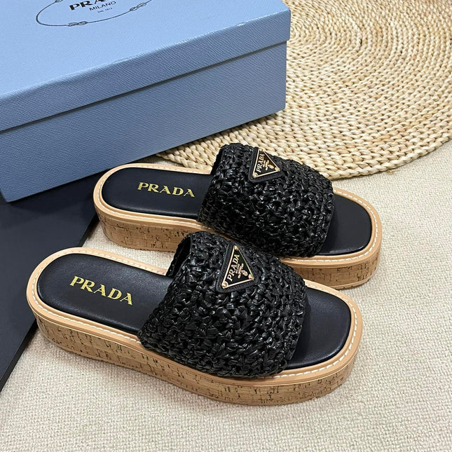 Crochet Flatform Slides 40 Lightweight Cork Sole Black