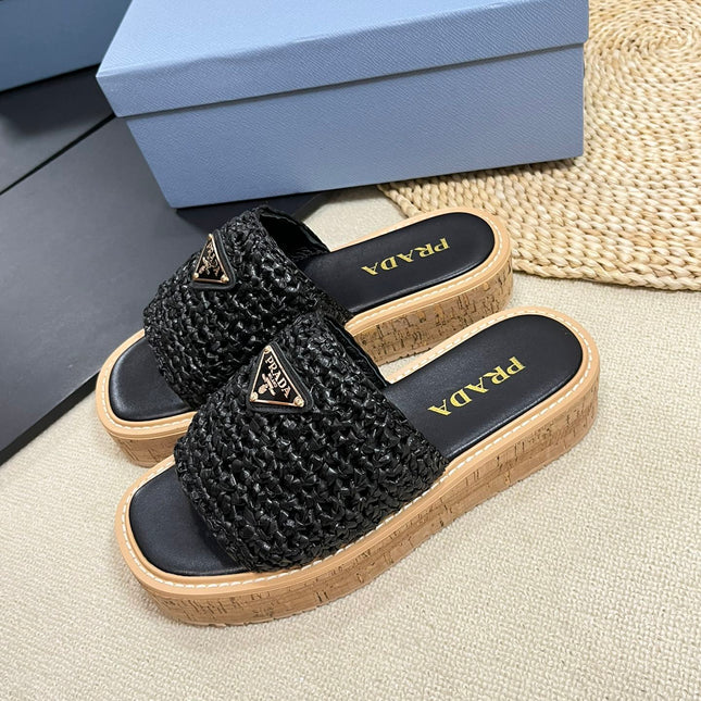 Crochet Flatform Slides 40 Lightweight Cork Sole Black