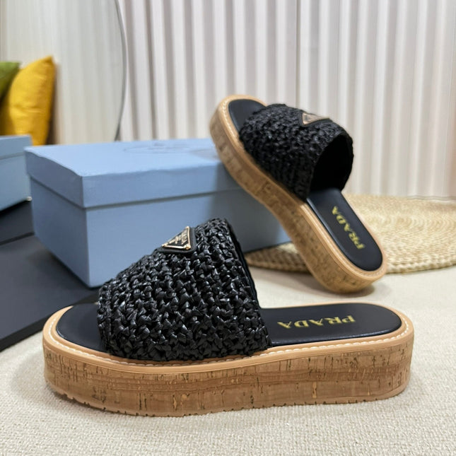 Crochet Flatform Slides 40 Lightweight Cork Sole Black