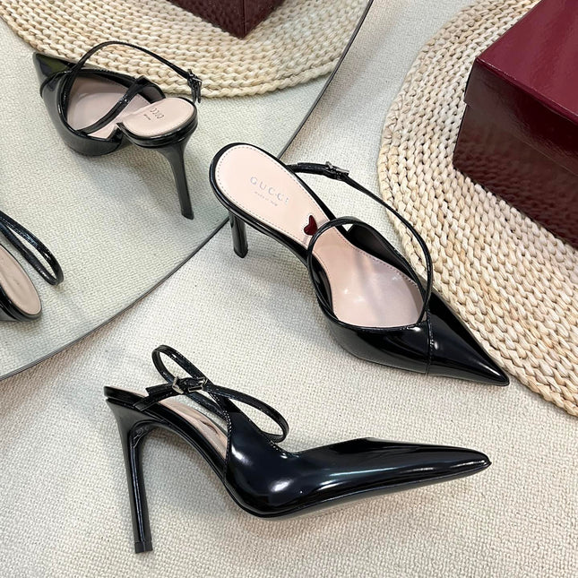 HIGH SLINGBACK PUMP 10 CM IN BLACK GLOSSY CALFSKIN