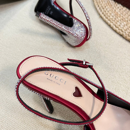 HIGH SLINGBACK 10 CM IN CHERRY RED SILK WITH FULL RHINSTONES