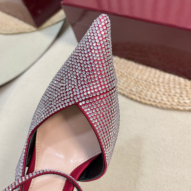 HIGH SLINGBACK 10 CM IN CHERRY RED SILK WITH FULL RHINSTONES