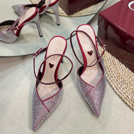 HIGH SLINGBACK 10 CM IN CHERRY RED SILK WITH FULL RHINSTONES