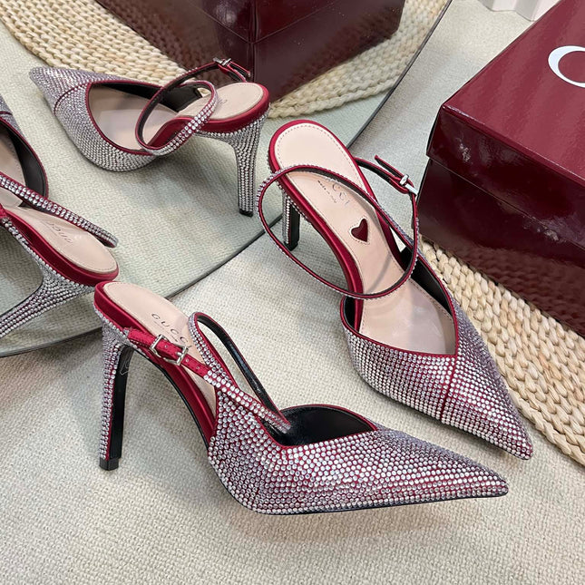 HIGH SLINGBACK 10 CM IN CHERRY RED SILK WITH FULL RHINSTONES