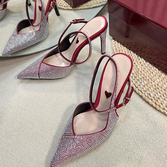 HIGH SLINGBACK 10 CM IN CHERRY RED SILK WITH FULL RHINSTONES