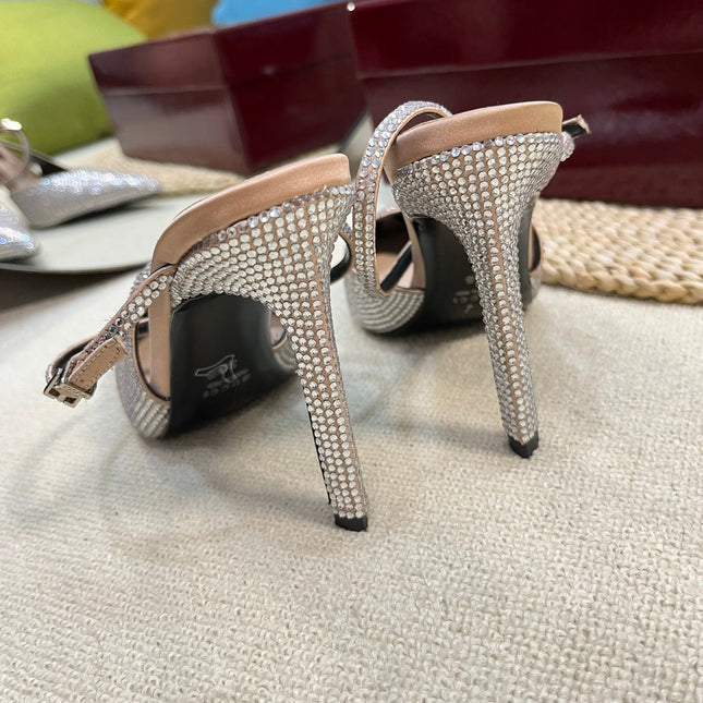 HIGH SLINGBACK 10 CM IN BEIGE SILK WITH FULL RHINSTONES