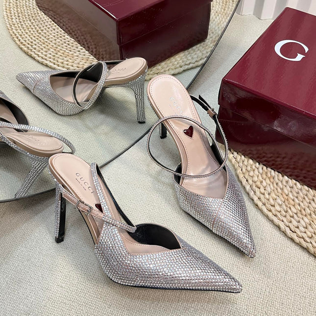 HIGH SLINGBACK 10 CM IN BEIGE SILK WITH FULL RHINSTONES