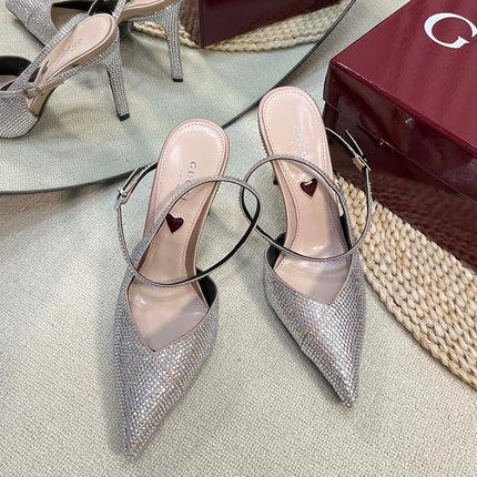 HIGH SLINGBACK 10 CM IN BEIGE SILK WITH FULL RHINSTONES