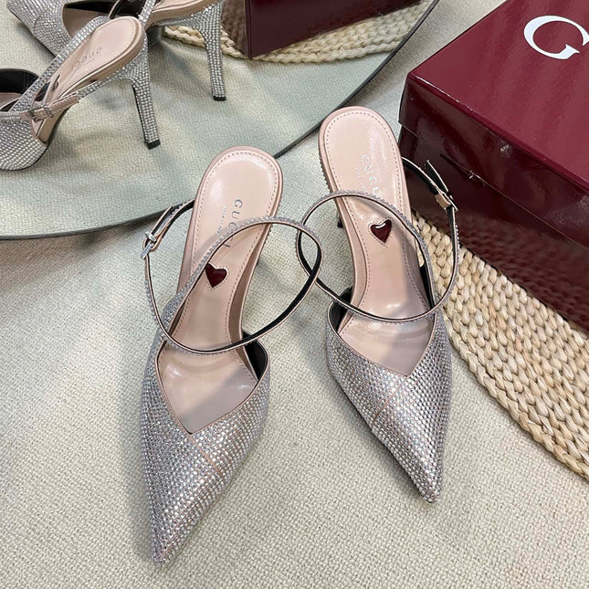 HIGH SLINGBACK 10 CM IN BEIGE SILK WITH FULL RHINSTONES