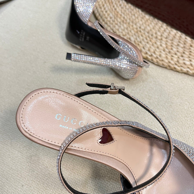 HIGH SLINGBACK 10 CM IN BEIGE SILK WITH FULL RHINSTONES