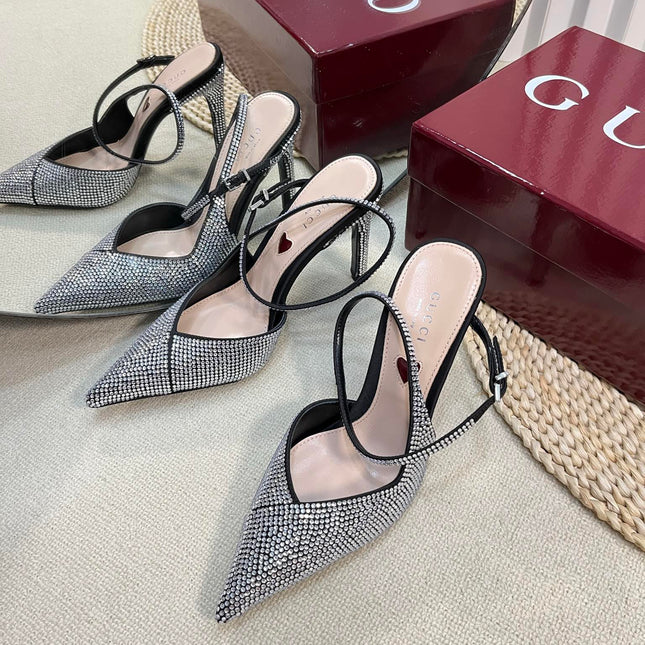 HIGH SLINGBACK 10 CM IN BLACK SILK WITH FULL RHINSTONES