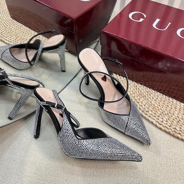 HIGH SLINGBACK 10 CM IN BLACK SILK WITH FULL RHINSTONES