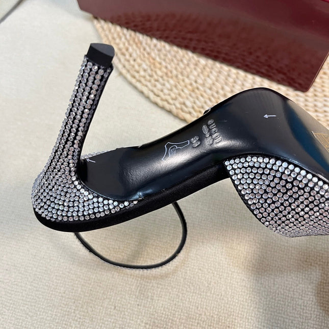 HIGH SLINGBACK 10 CM IN BLACK SILK WITH FULL RHINSTONES