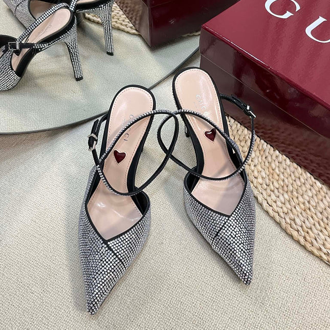 HIGH SLINGBACK 10 CM IN BLACK SILK WITH FULL RHINSTONES