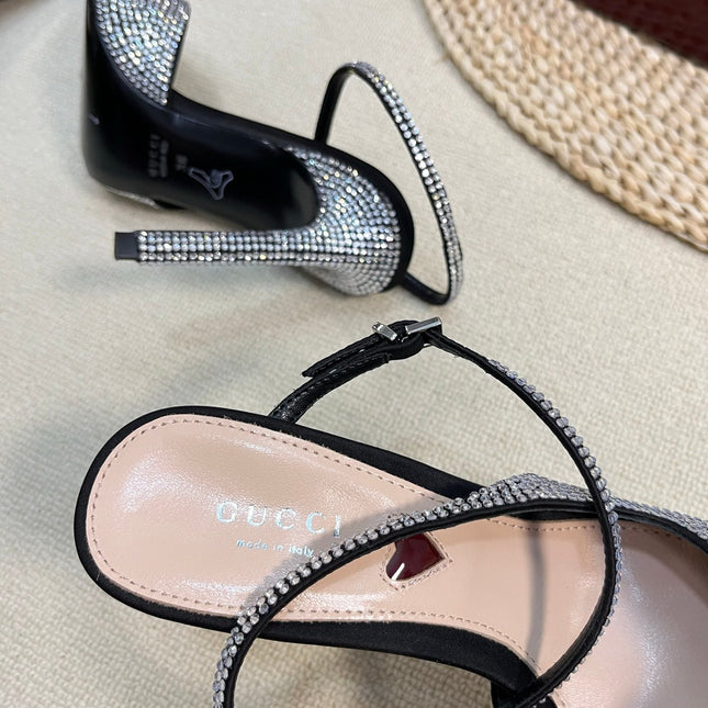 HIGH SLINGBACK 10 CM IN BLACK SILK WITH FULL RHINSTONES