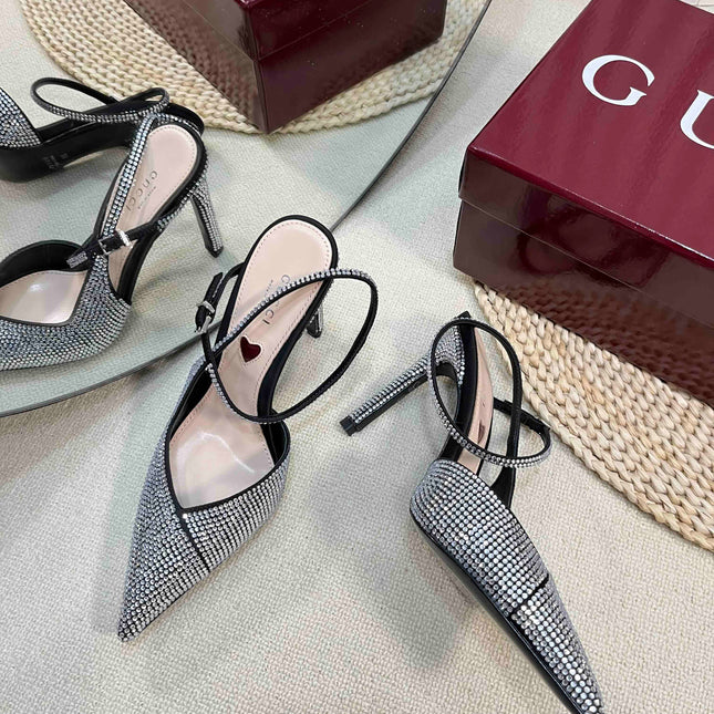 HIGH SLINGBACK 10 CM IN BLACK SILK WITH FULL RHINSTONES