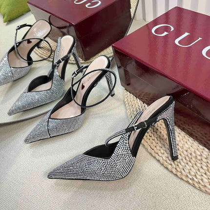 HIGH SLINGBACK 10 CM IN BLACK SILK WITH FULL RHINSTONES