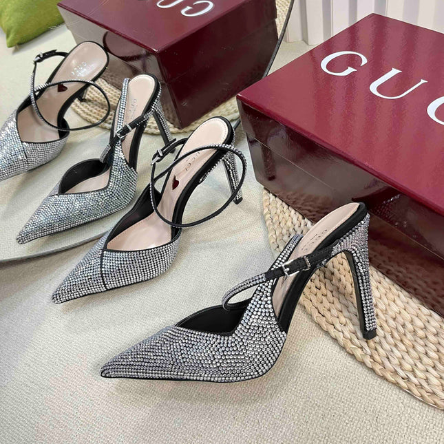 HIGH SLINGBACK 10 CM IN BLACK SILK WITH FULL RHINSTONES