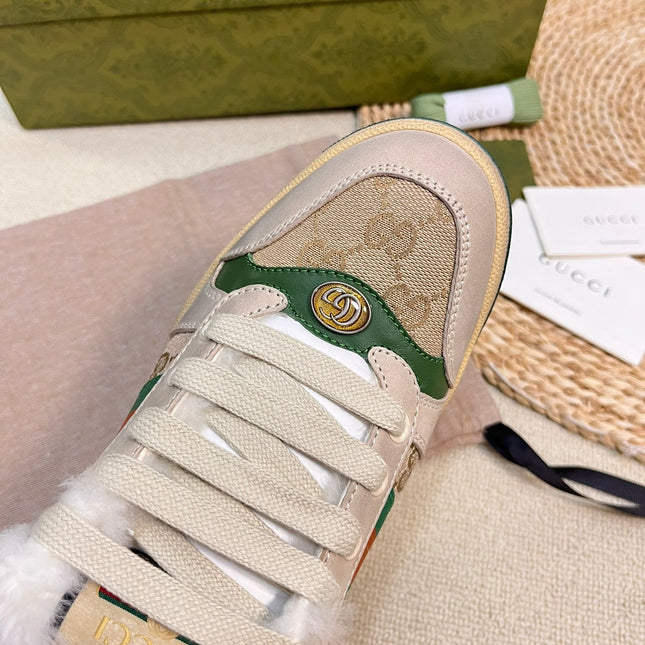 SNEAKER WITH WEB IN BEIGE GREEN FABRIC MIX SUEDE AND LAMB WOOL LINING