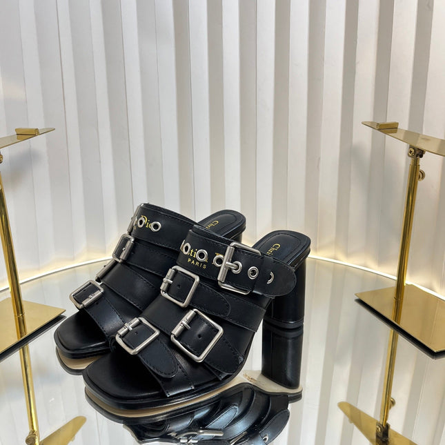 PUNK HEEL SLIDES 25S 80MM IN BLACK CALFSKIN