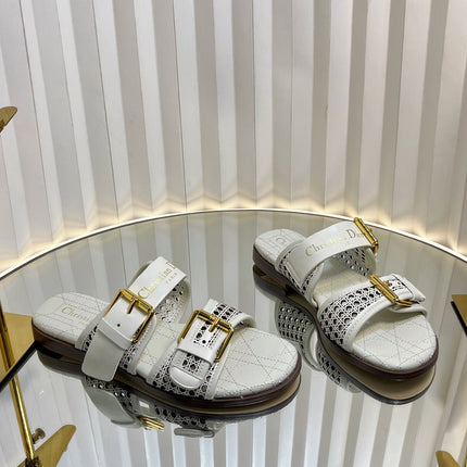 D-AVENUE SLIDES 25S IN WHITE CALFSKIN MICRO CANNAGE MOTIF