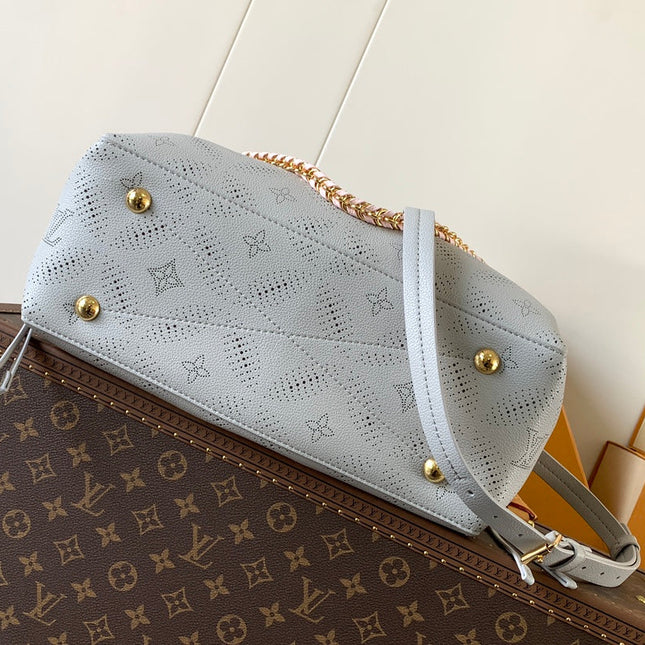 LV 25S BELLA TOTE BAG 32 IN PINK GREY PERFORATED MAHINA CALFSKIN