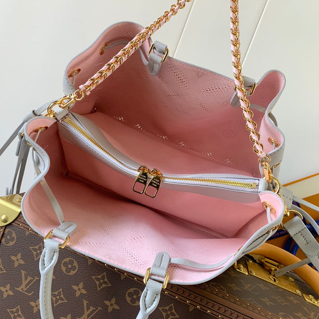 LV 25S BELLA TOTE BAG 32 IN PINK GREY PERFORATED MAHINA CALFSKIN