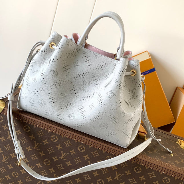 LV 25S BELLA TOTE BAG 32 IN PINK GREY PERFORATED MAHINA CALFSKIN