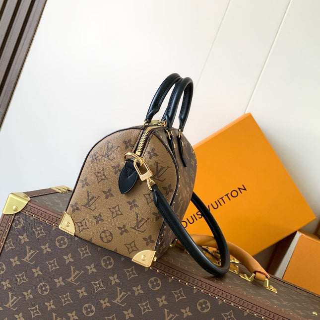 LV 25S SPEEDY TRUNK BAG 27 IN BROWN MONOGRAM COATED CANVAS AND BLACK CALFSKIN