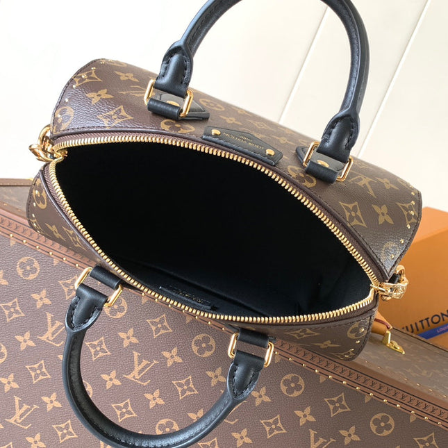 LV 25S SPEEDY TRUNK BAG 27 IN BROWN MONOGRAM COATED CANVAS AND BLACK CALFSKIN