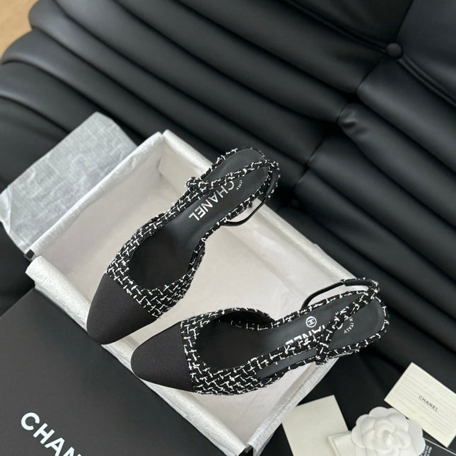 HIGH SLINGBACK IN BLACK MIX WHITE TWEED AND LAMBSKIN