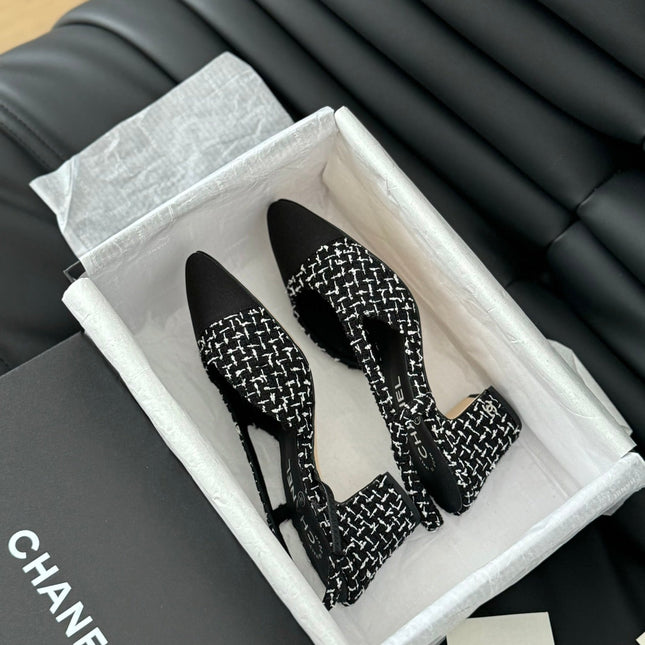 HIGH SLINGBACK IN BLACK MIX WHITE TWEED AND LAMBSKIN