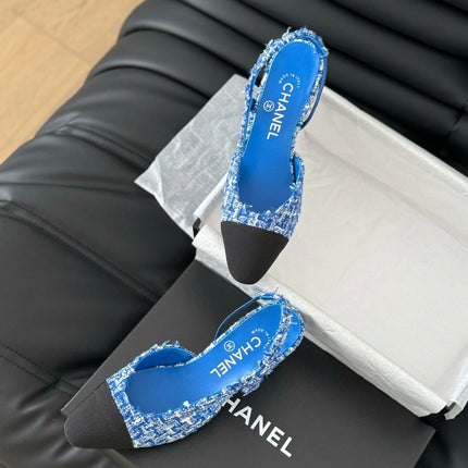 HIGH SLINGBACK IN COBALT BLUE TWEED AND BLACK LAMBSKIN