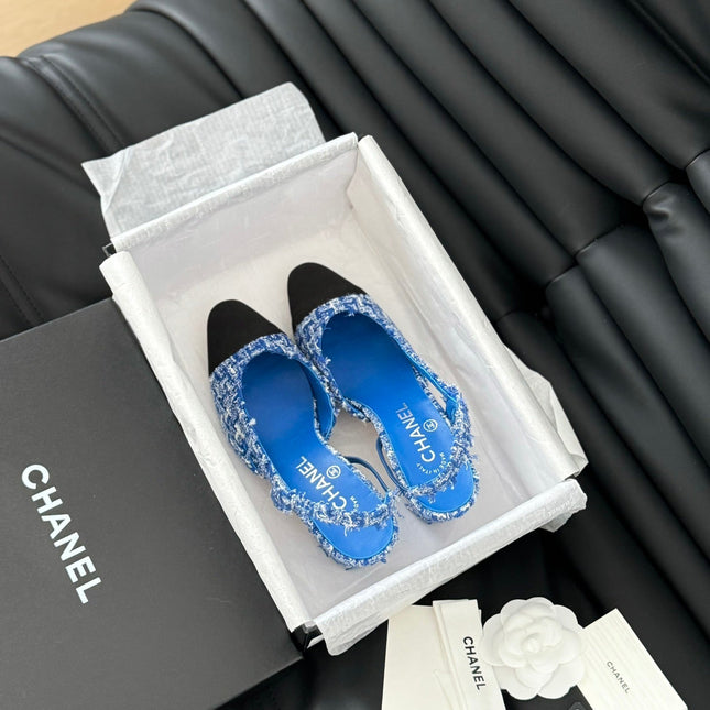 HIGH SLINGBACK IN COBALT BLUE TWEED AND BLACK LAMBSKIN